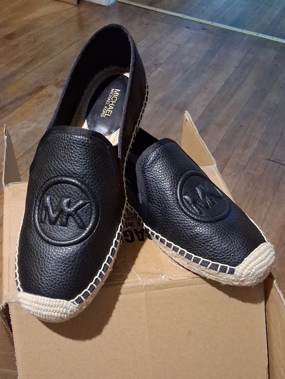 Michael Kors Black Leather MK Logo Espadrille Slip-Ons with Natural Trim